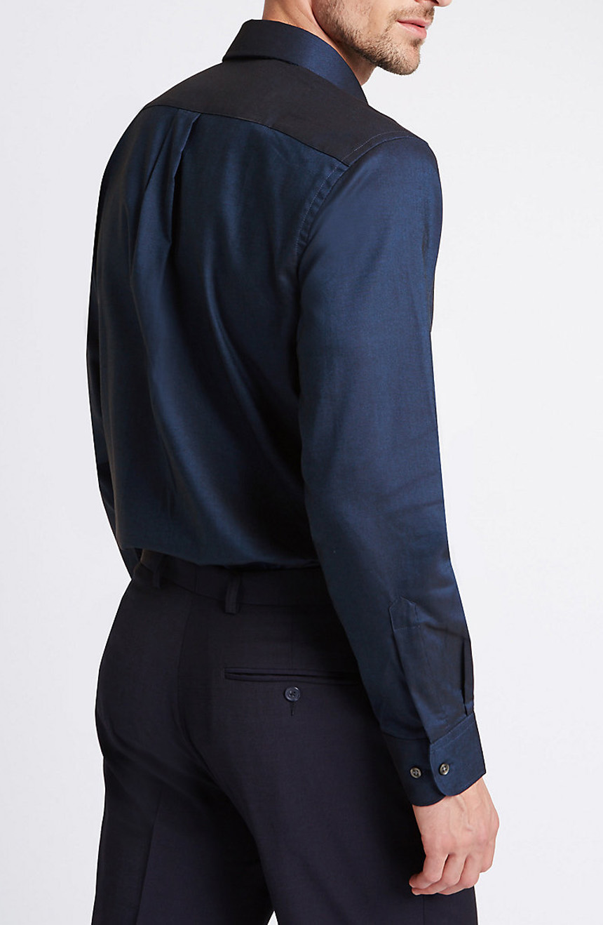 Men's linen shirts in the dark blue full back view.