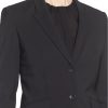 Womens pants suit jacket in tropical wool close view.