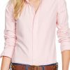 Pink oxford shirt womens with long sleeves and button down collar.