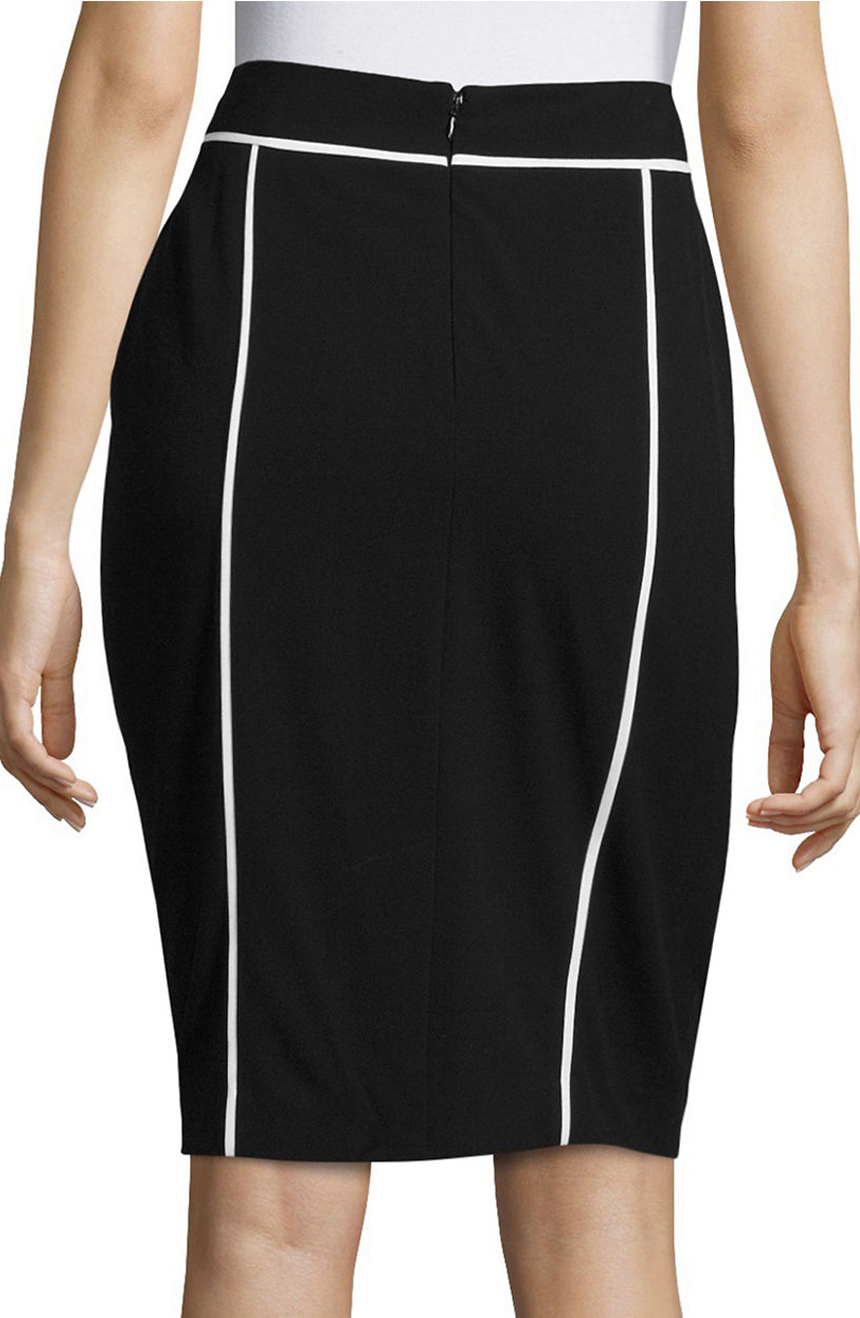 Womens black pencil skirt with white trim back view.