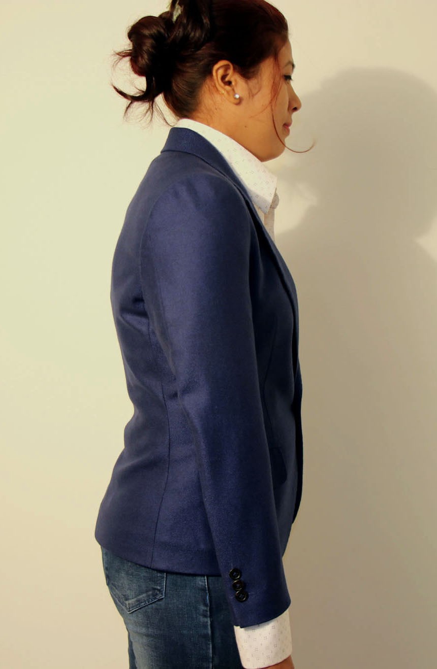 Womens fitted blazer full side view.