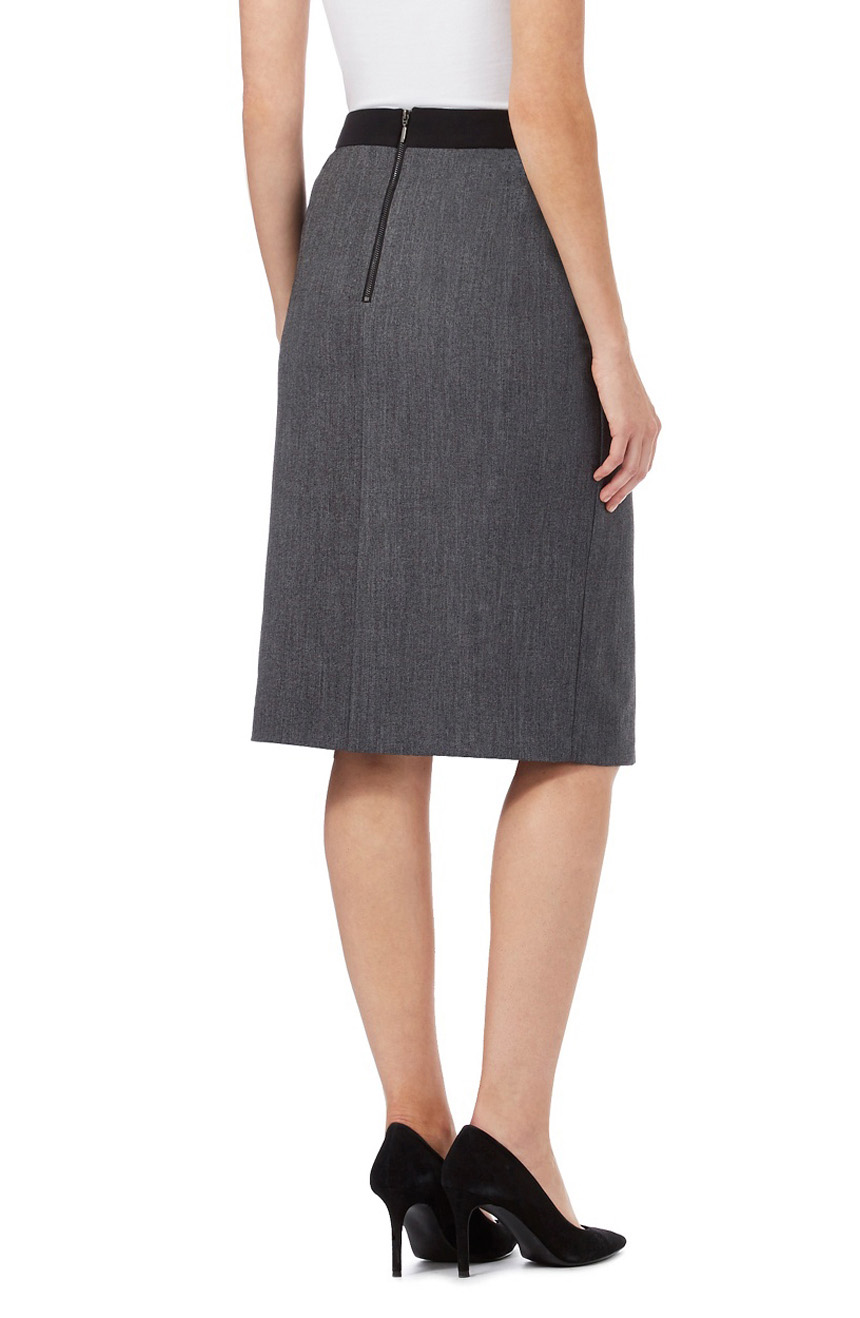 Womens kick pleat skirt with contrast waistband full back view.