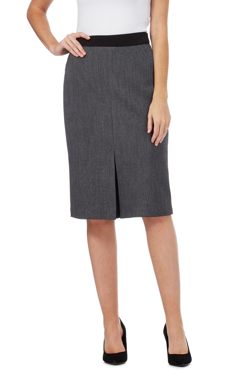Womens kick pleat skirt with contrast waistband.