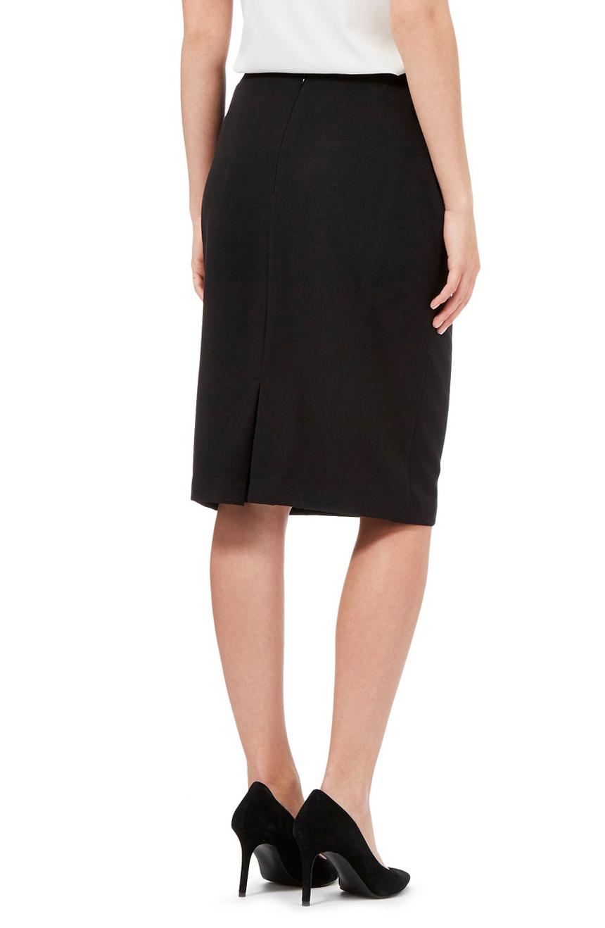 Womens knee-length skirt with pockets full back view.