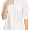 Women's white cotton dress shirt with pockets.