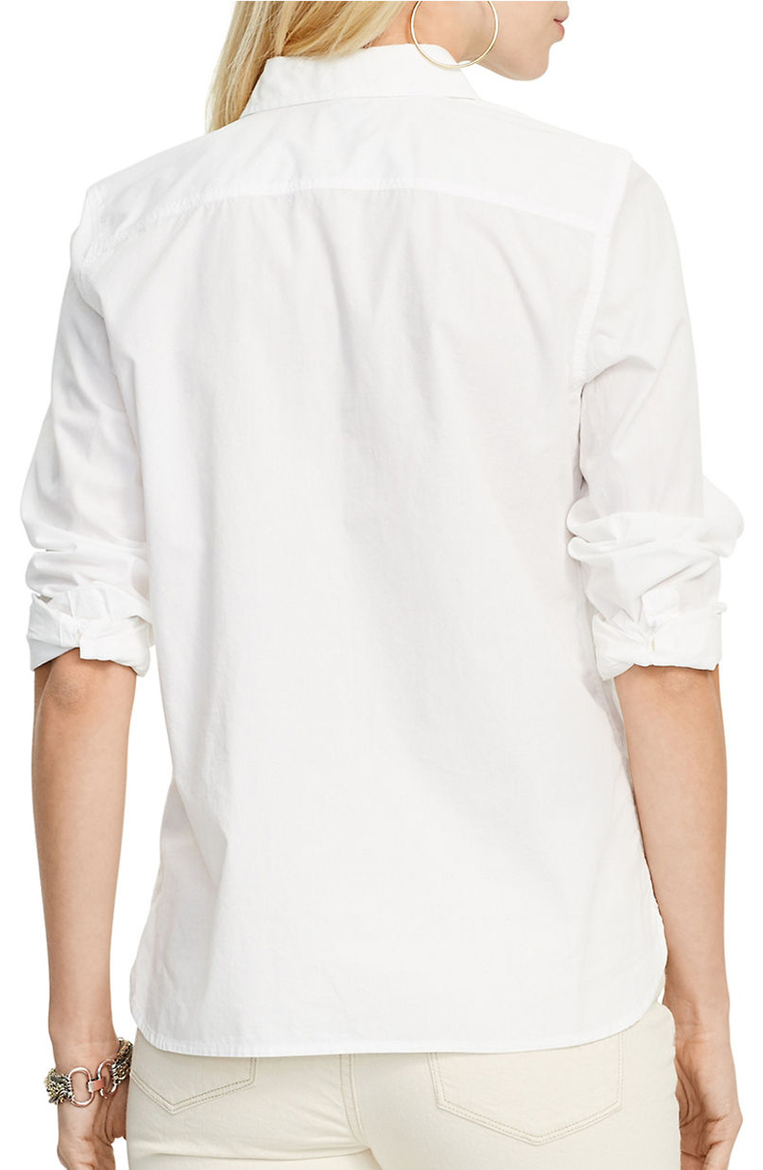 Women's white cotton dress shirt with pockets back view.