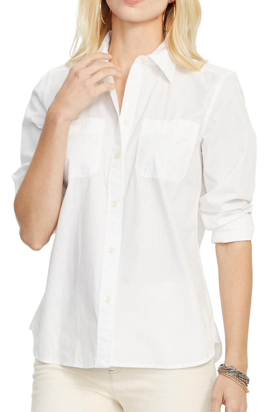 Women's white cotton dress shirt with pockets.