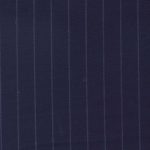 Super 130s 100% worsted wool cloth in navy with chalk stripes suitable for suits, dresses, coats, vests, pants, and skirts.