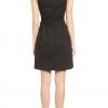 Belted V-neck shift dress with pockets and knee-length full back view.