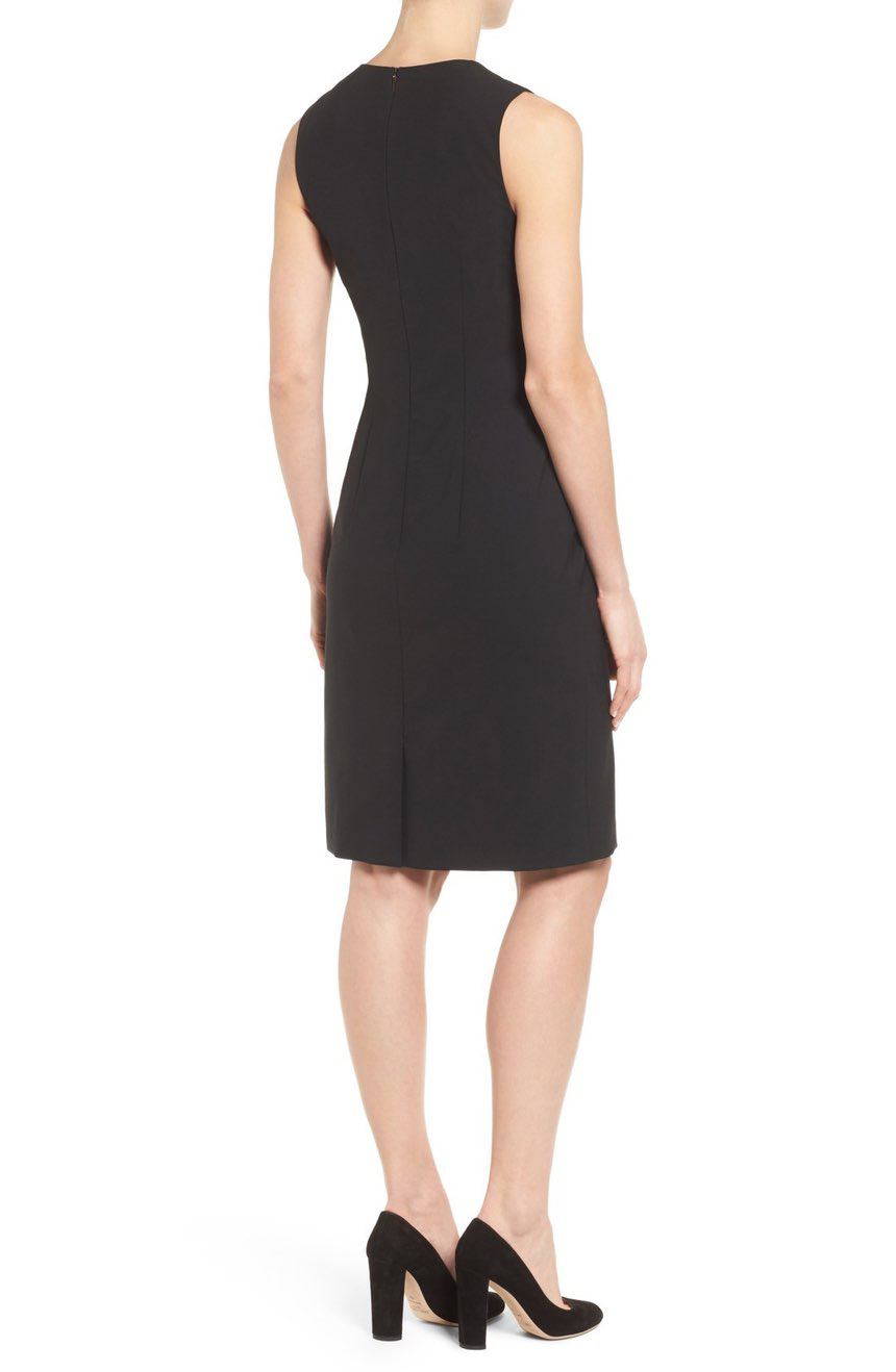 Classic black sheath evening dress tailored with round neck full back view.