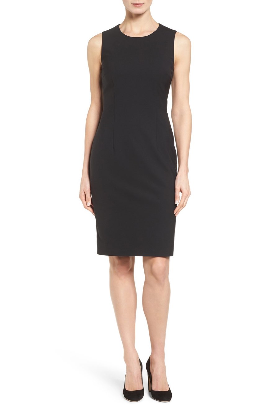 Classic black sheath evening dress tailored with round neck.