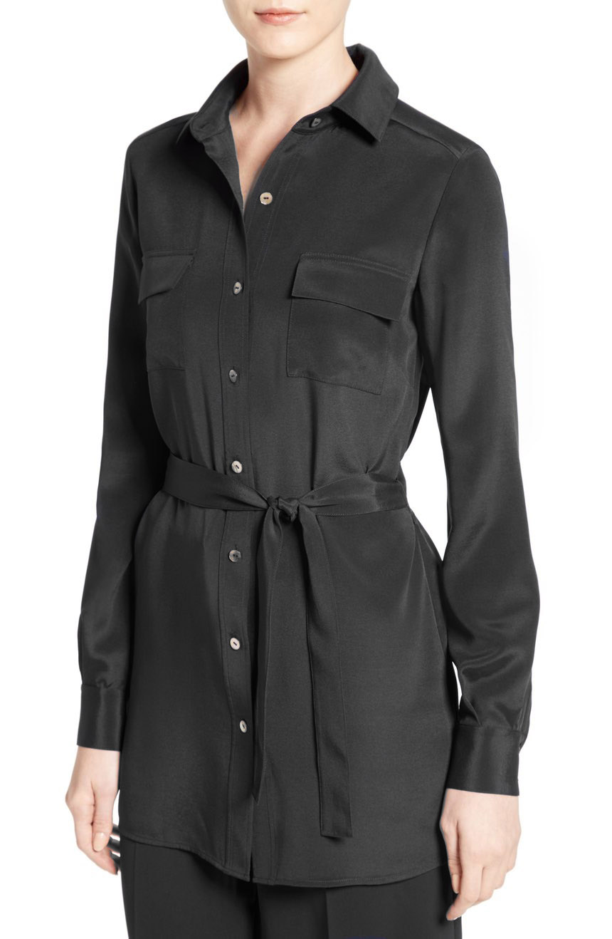 Silk shirt dress womens in crepe silk with a belted waist and long sleeves.
