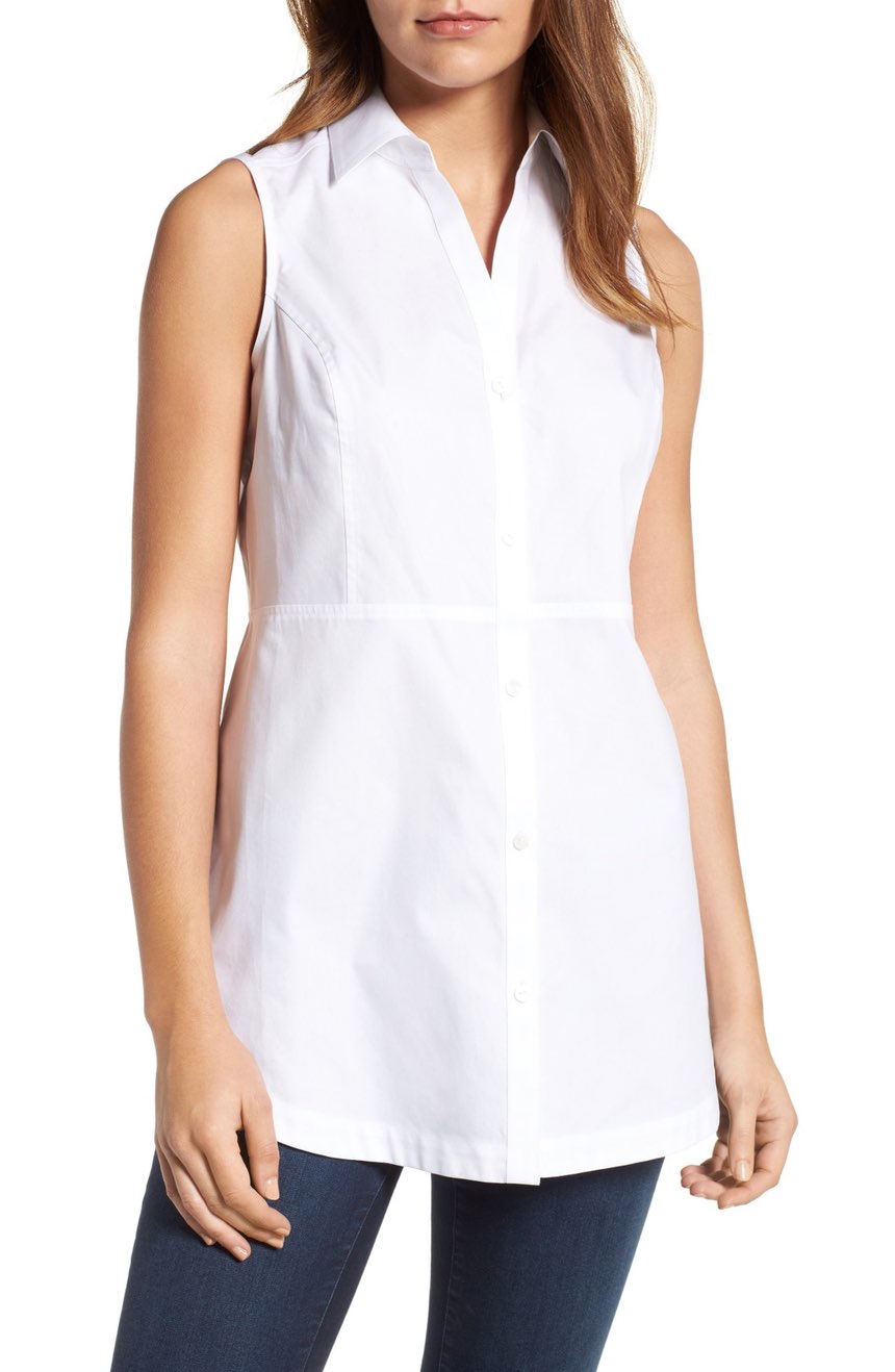Sleeveless blouse with a collar on a female model.