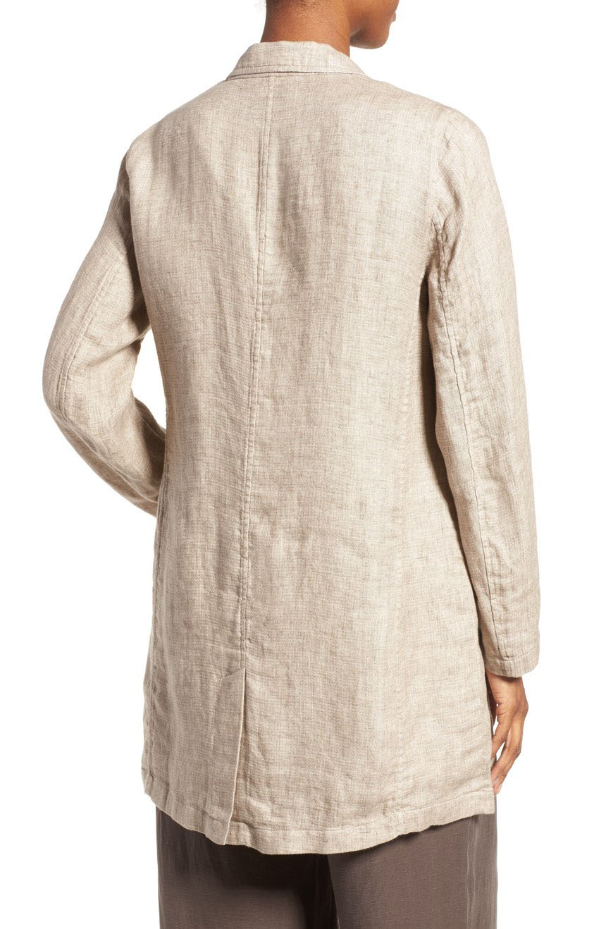 Womens single-breasted linen duster coat jacket unlined full back view.