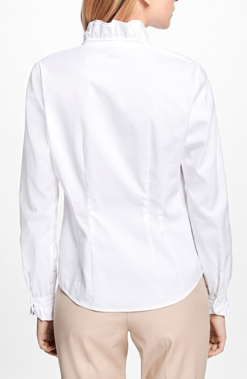 Womens white ruffle collar shirt with long ruffle sleeves back view.