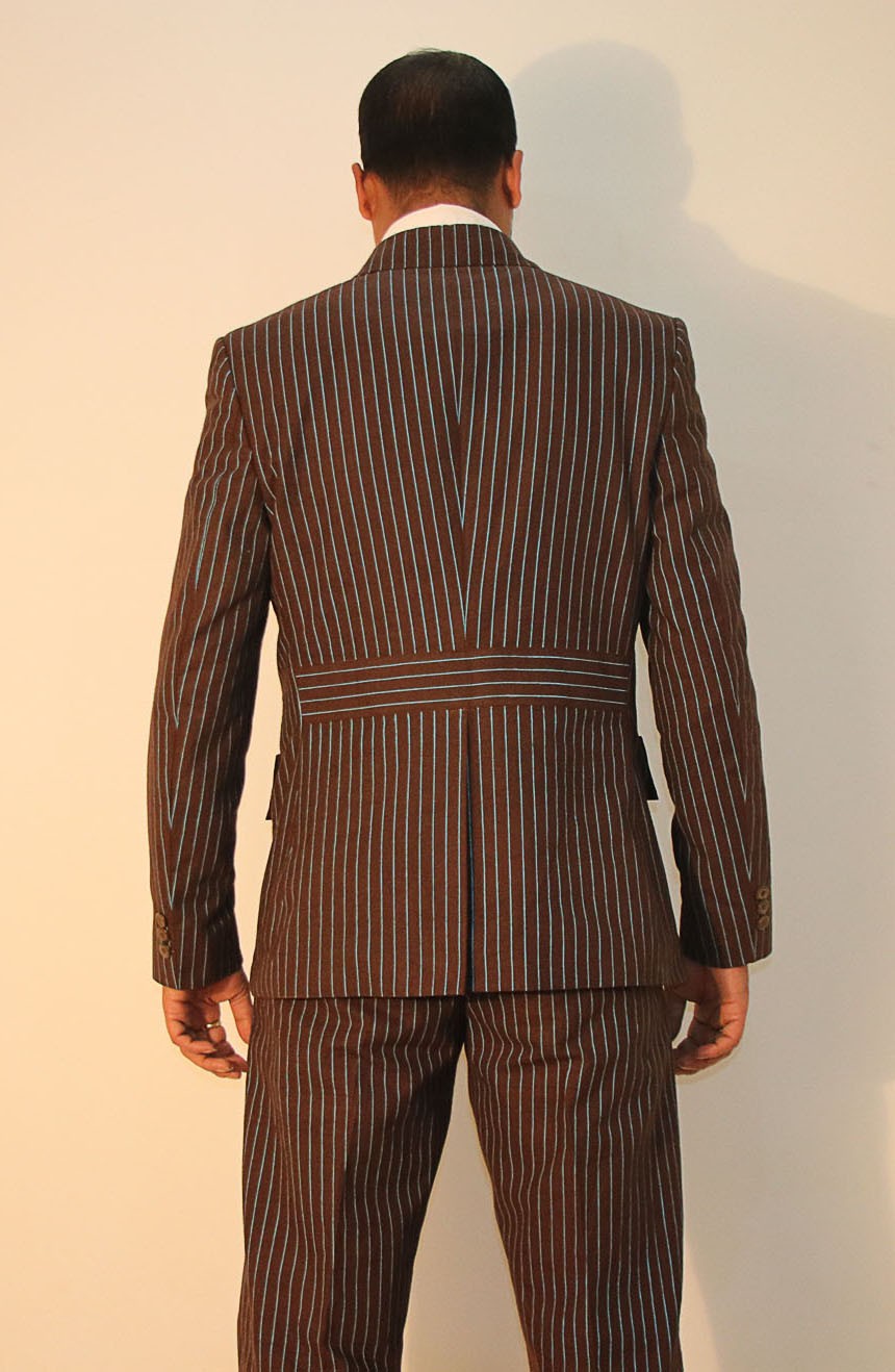 10th Doctor Who brown pinstripe suit jacket full back view.