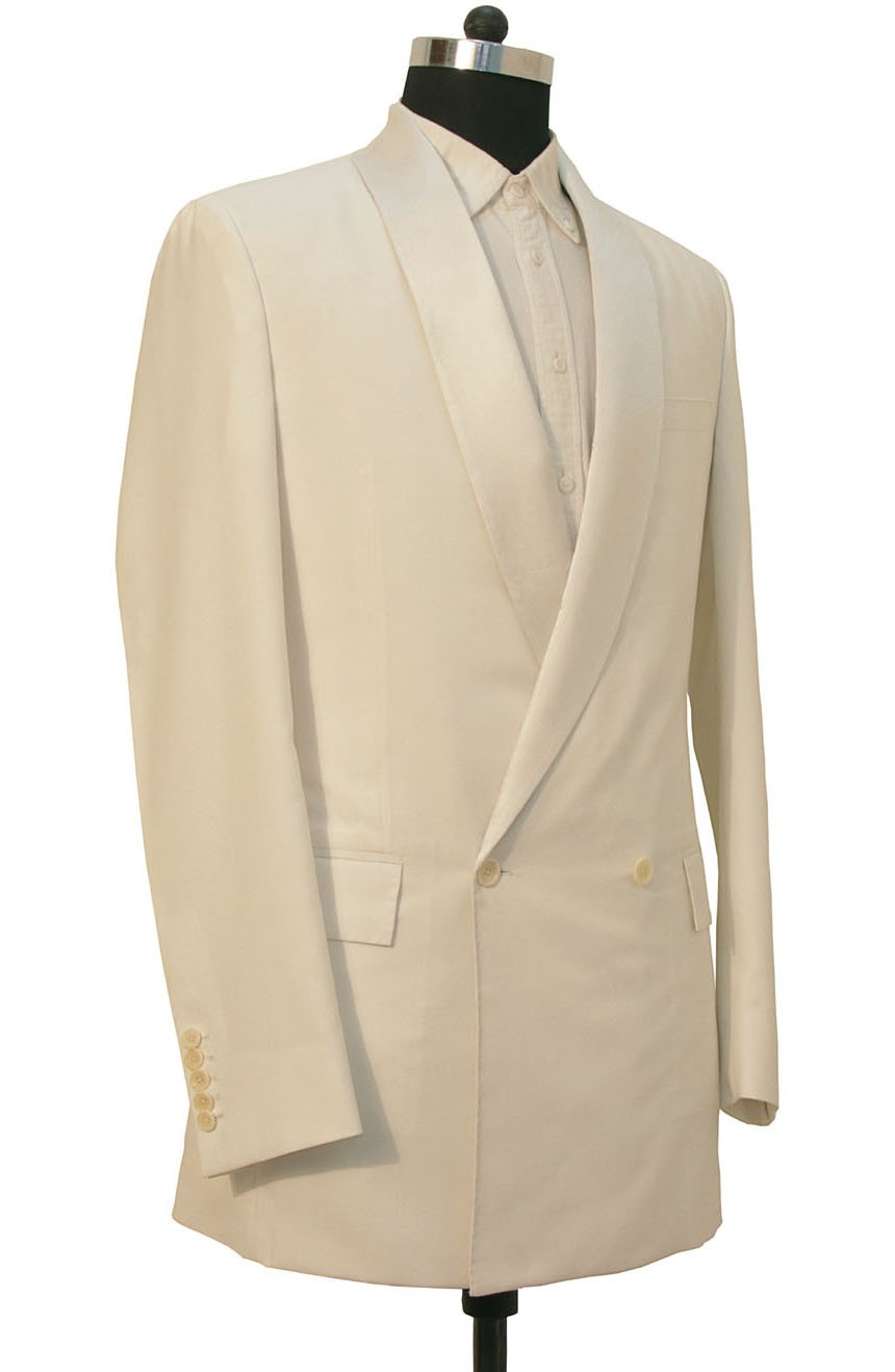 11th Doctor Who white pool party tuxedo jacket in double-breasted closure, a full side view.