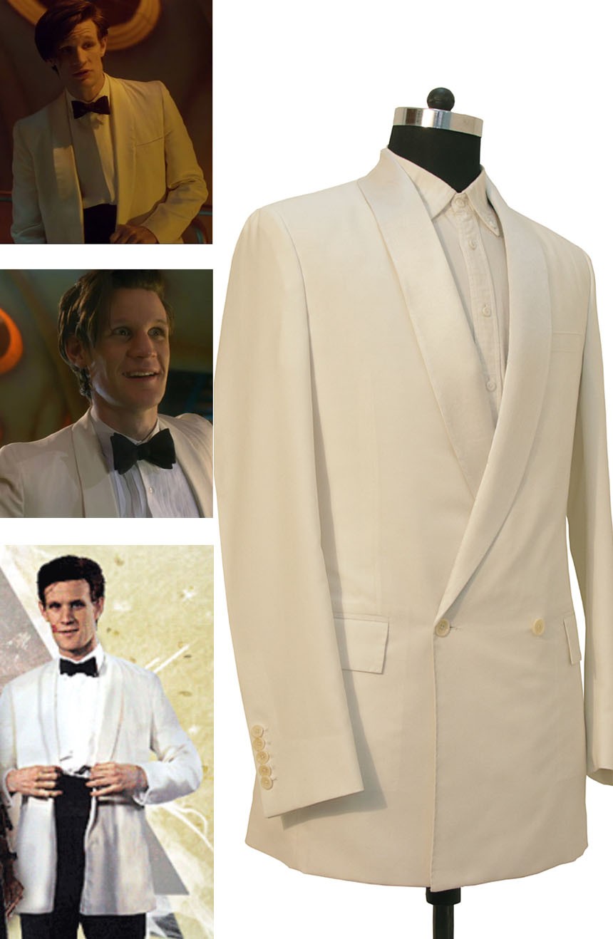 11th Doctor Who white pool party tuxedo jacket in double-breasted closure, a sleeve view.