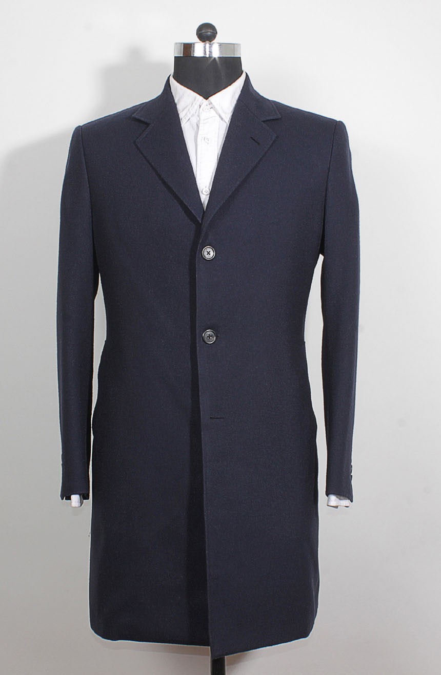 12th Doctor Who navy blue Crombie coat with red lining, a full front view.