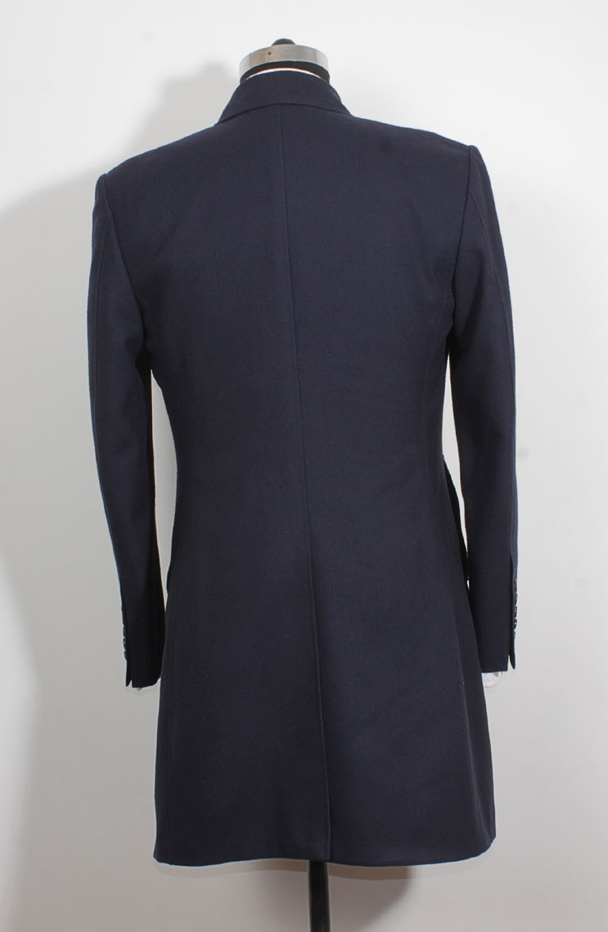 12th Doctor Who navy blue Crombie coat with red lining, a full back view.