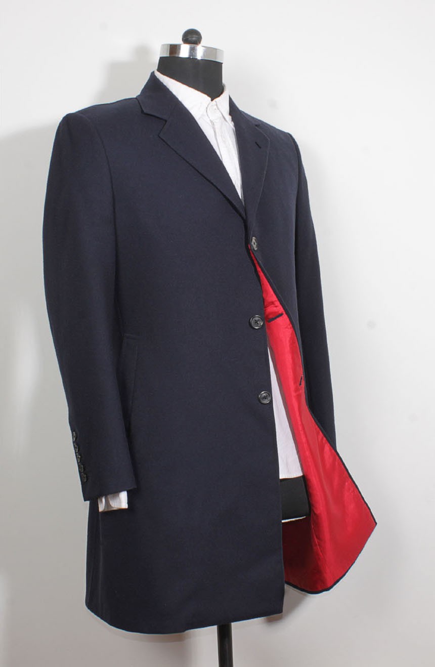 12th Doctor Who navy blue Crombie coat with red lining.