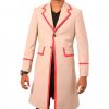 5th Doctor cosplay beige frock coat with red piping details, a full front view.