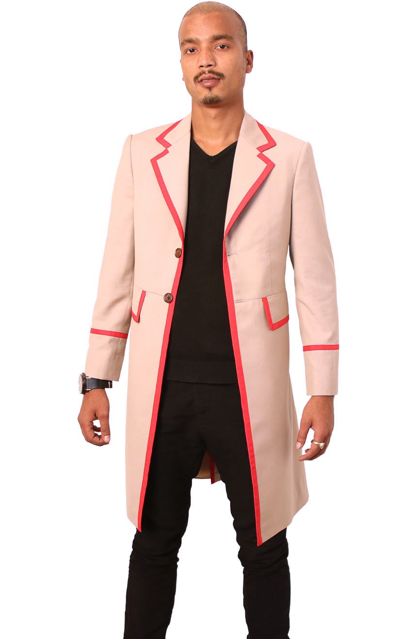 5th Doctor cosplay beige frock coat with red piping details.