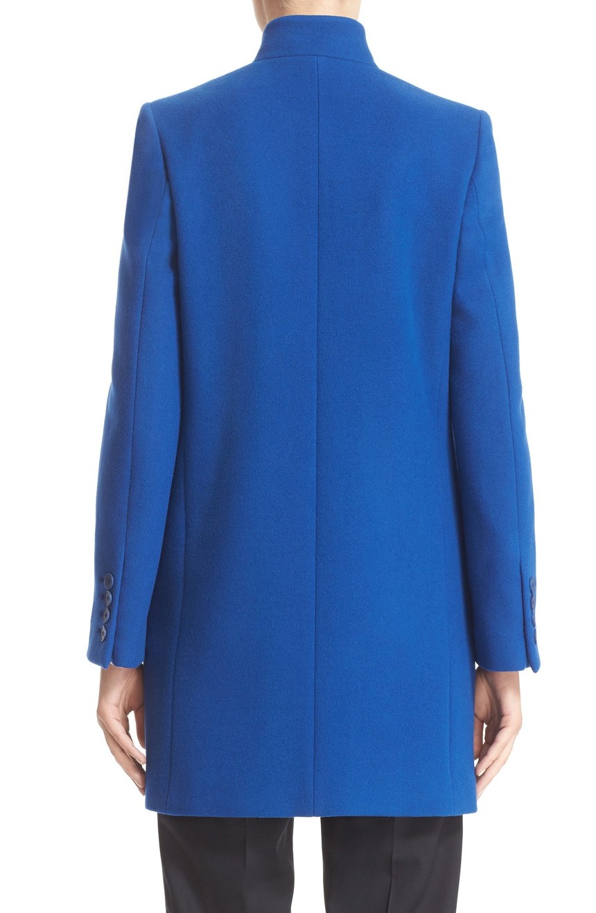 Cobalt blue womens coat for winter in Melton wool full back view.