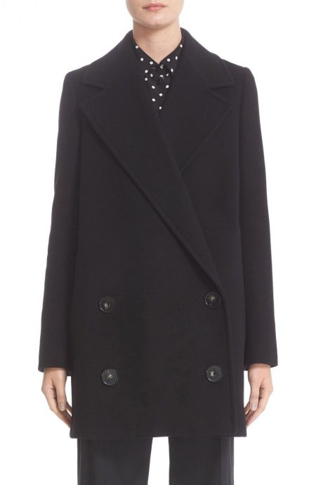 Double-breasted wool coat womens in mid-length.