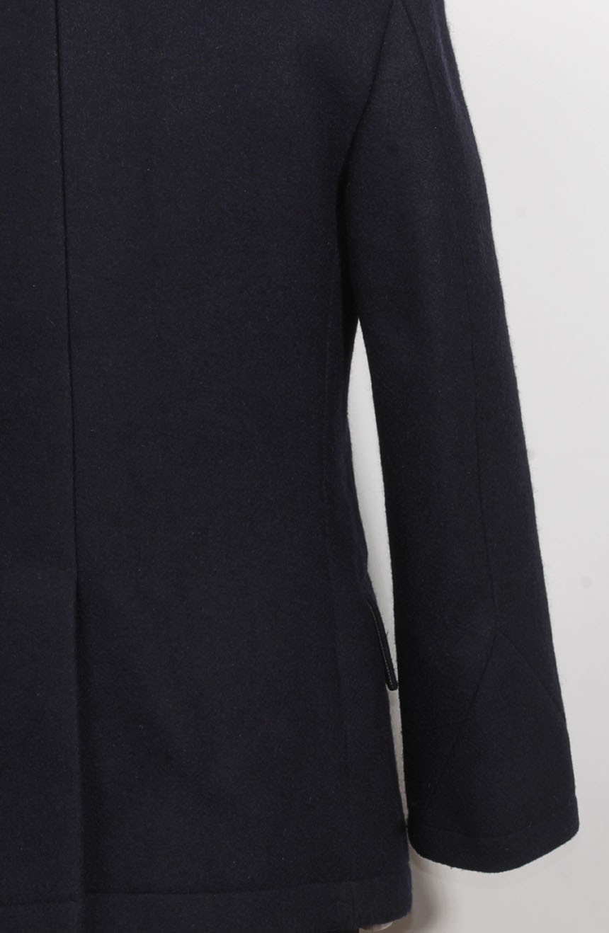 James Bond Skyfall peacoat sleeves cuff view. The sleeves cuff of the Skyfall peacoat has triangular stitching details.