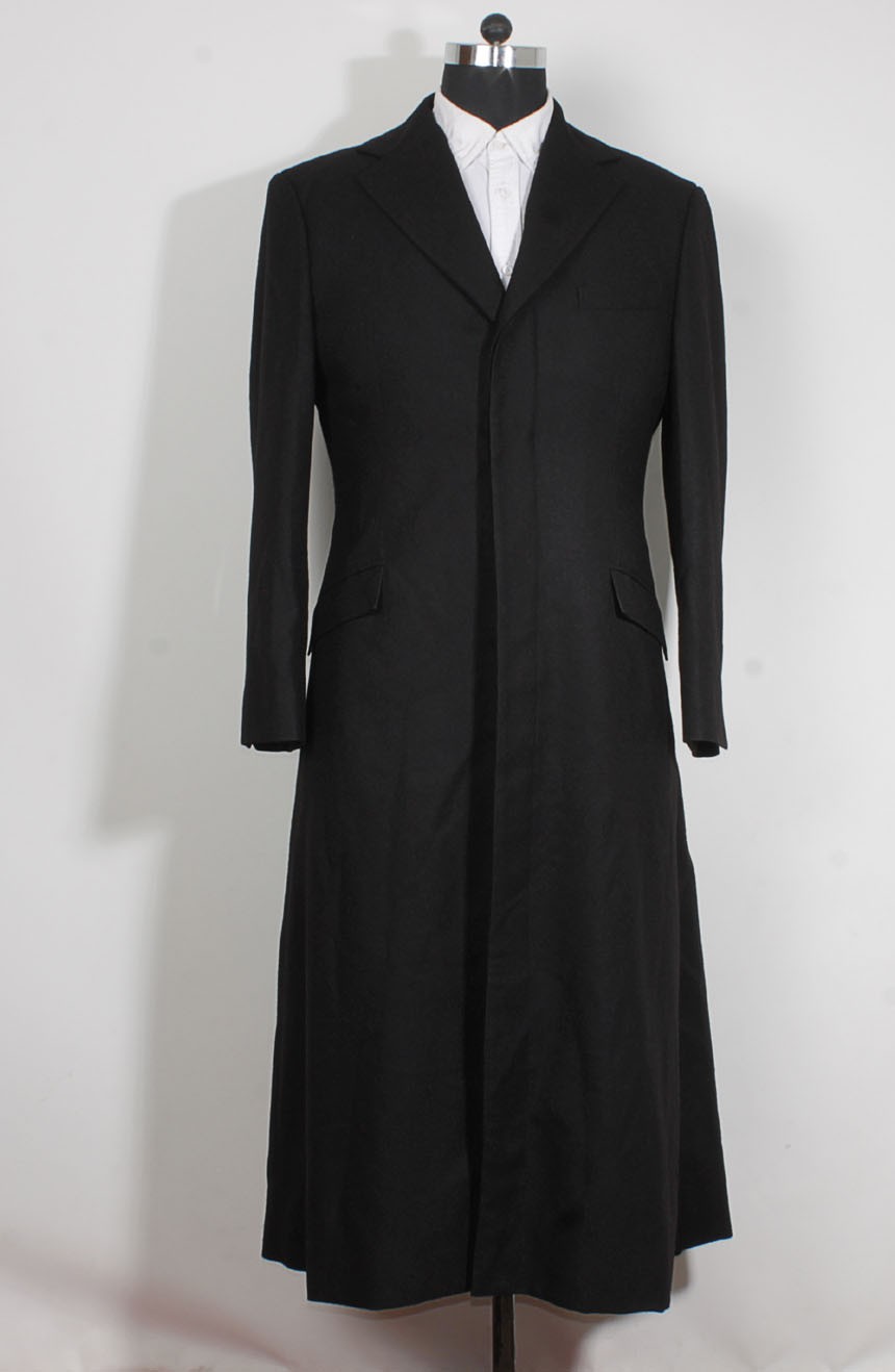 Keanu Reeves black trench coat from the Matrix 3, a full front view.