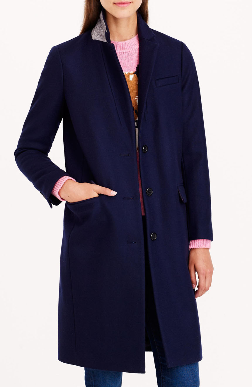 Navy wool cashmere coat womens custom-tailored in a single-breasted style.