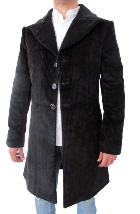 Sherlock Holmes coat replica from 2009 film starring Robert Downey Jr., a full front view.