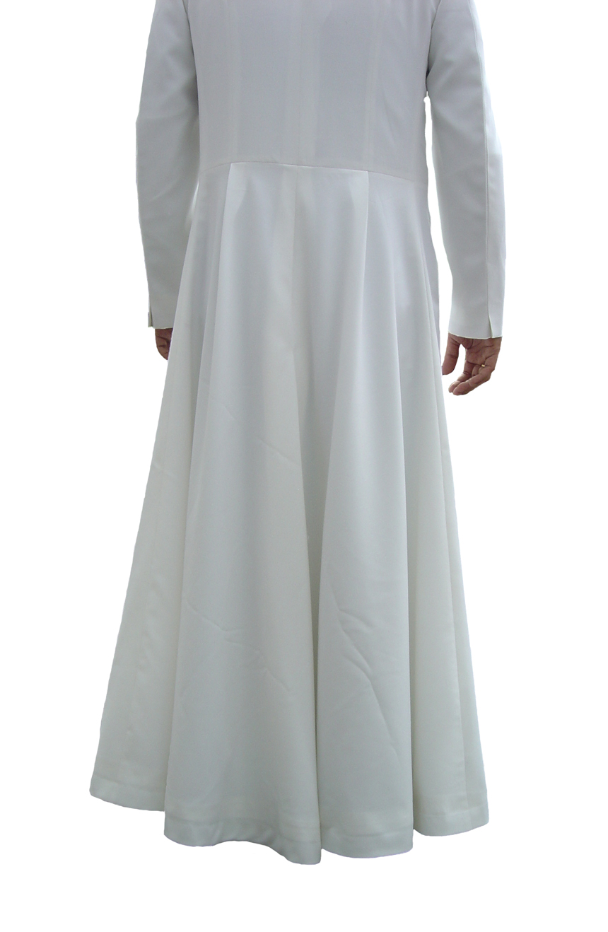 White long coat Neo style inspired by The Matrix Reloaded, the flared hem view.