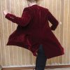Womens burgundy velvet coat replica from the 12th Doctor Who back swing view.
