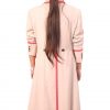 Womens beige frock coat with red stripe inspired by 5th Doctor Who full back view.