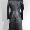 Women's leather car coat full back view to cosplay Joker from The Dark Knight.