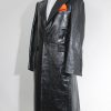 Women's leather car coat full side view to cosplay Joker from The Dark Knight.