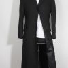 Womens long black trench coat in wool inspired by The Matrix Revolutions style.