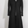 Womens long black trench coat in wool inspired by The Matrix Revolutions style a full front view.
