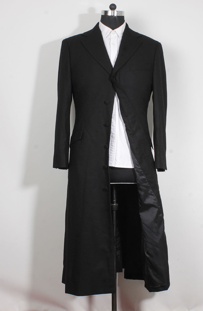 Womens long black trench coat in wool inspired by The Matrix Revolutions style.