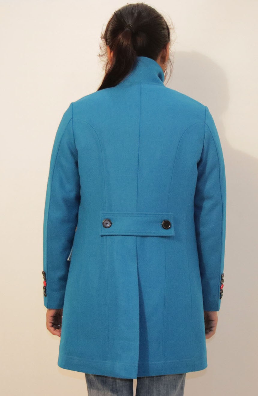 Womens peacoat wool double-breasted custom-made in the turquoise full back view.