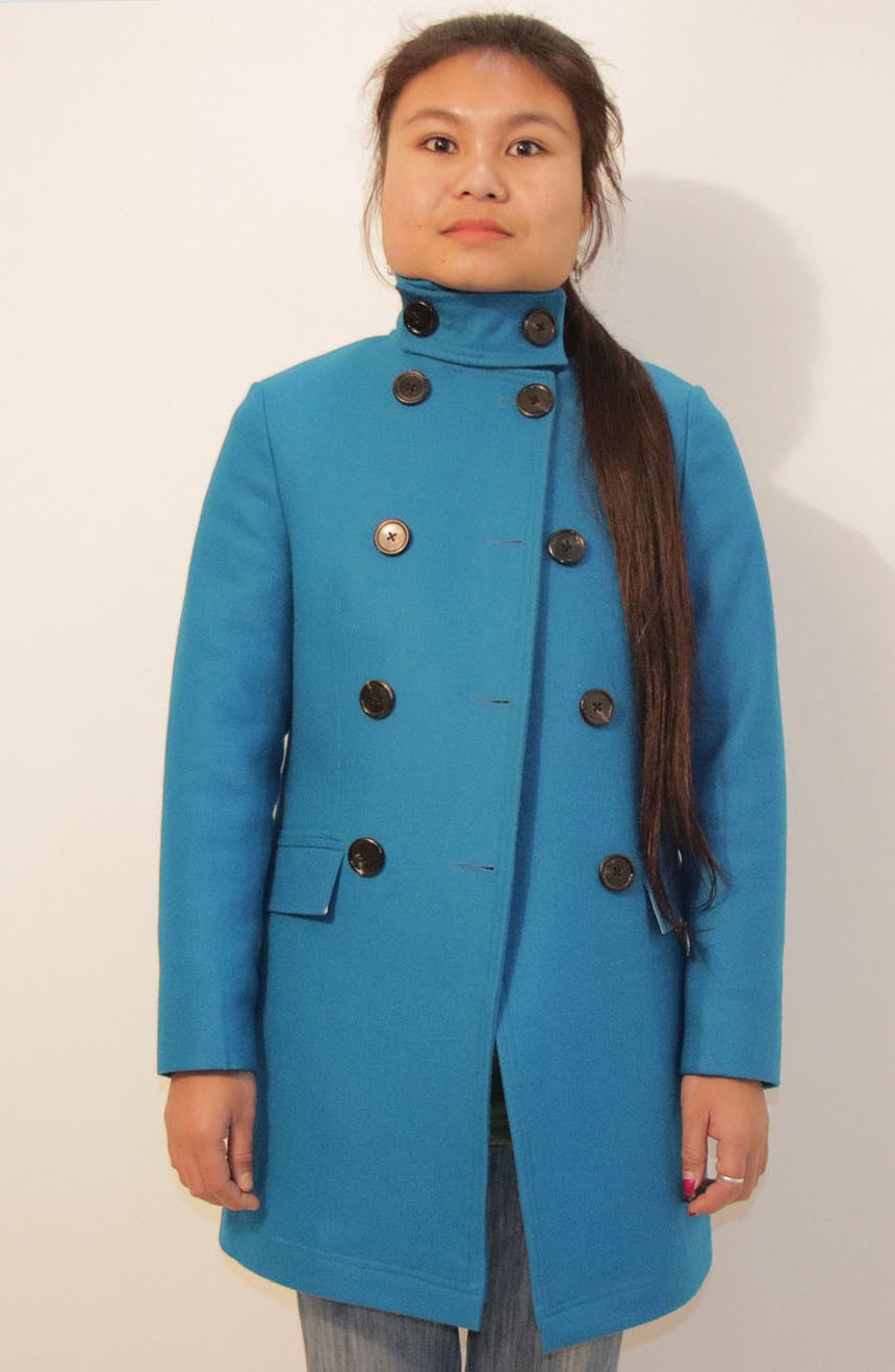 Womens peacoat wool double-breasted custom-made in turquoise.