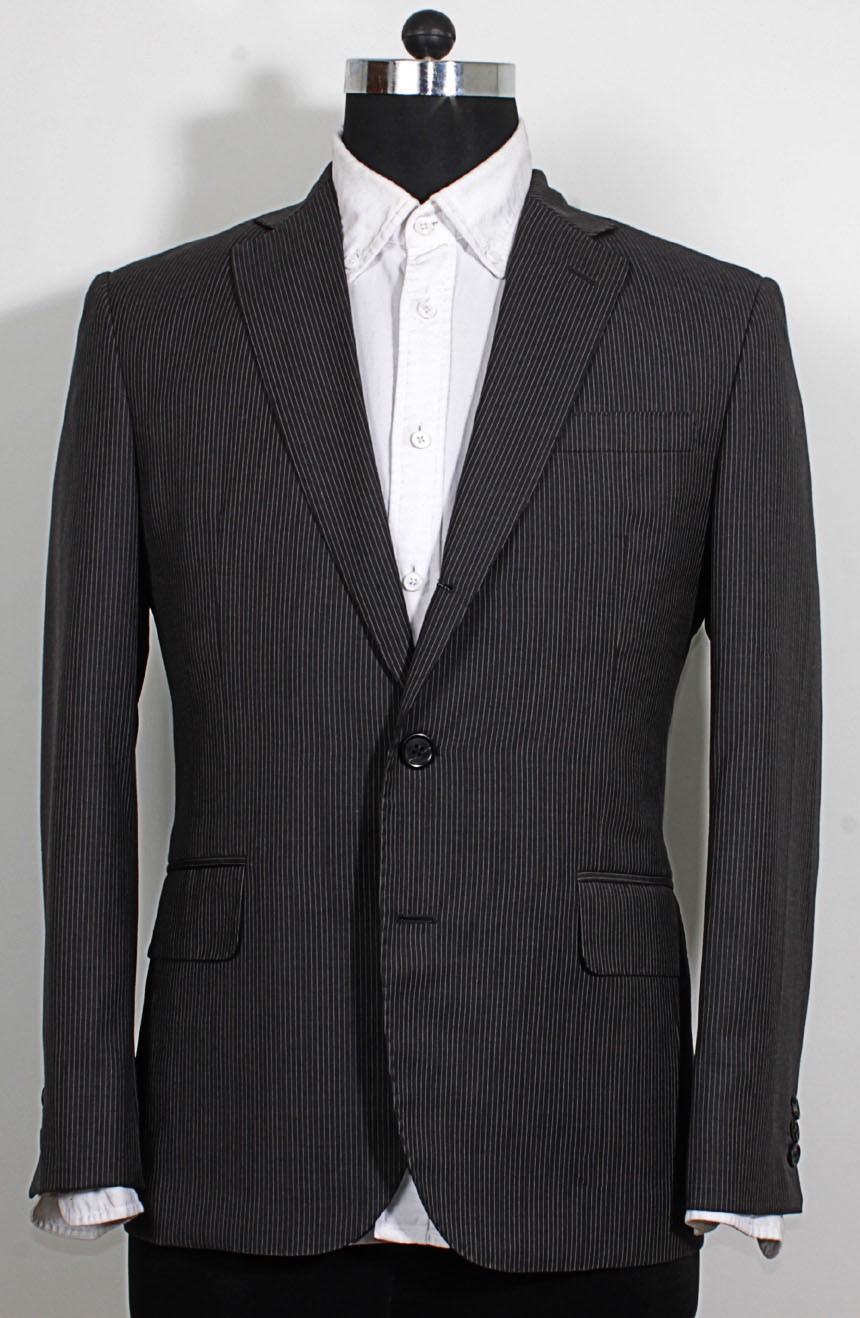 Charcoal grey pinstripe suit to cosplay James Bond from Skyfall, a full front view.