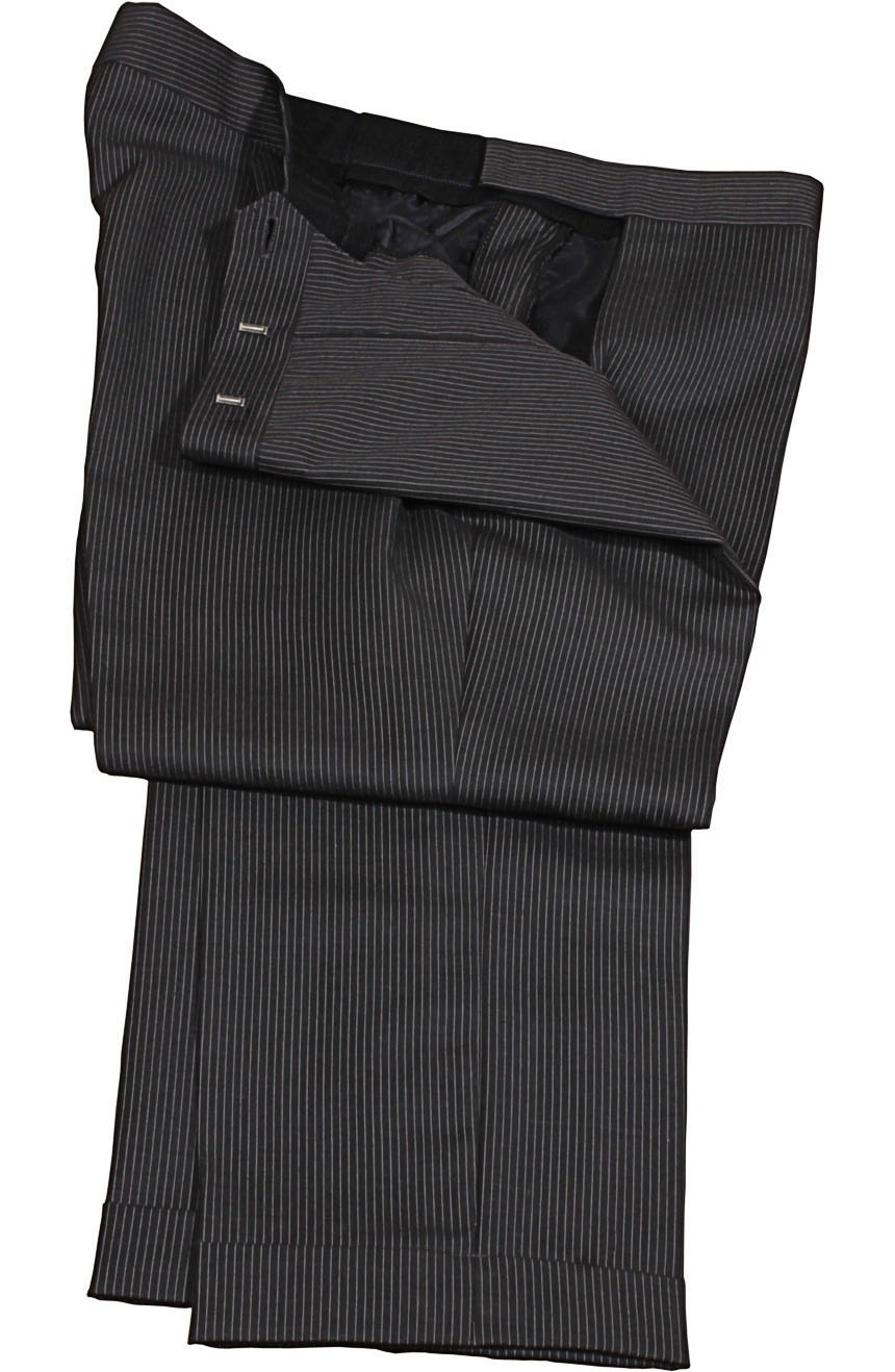 The charcoal grey pinstripe suit pants to cosplay James Bond from Skyfall, an interior lining view.