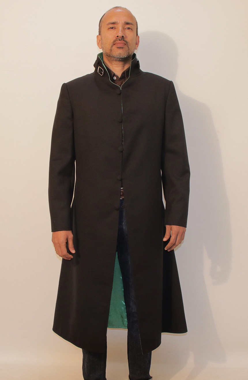 Darker Than Black Hei cosplay trench coat. Buttoned-up front view.