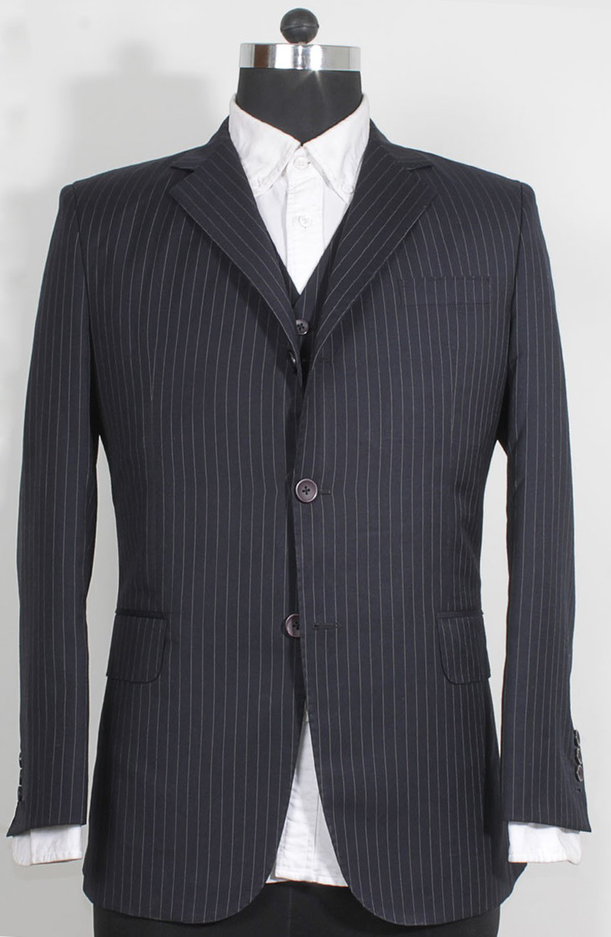 James Bond navy pinstripe 3-piece suit from Casino Royal final scene. Suit jacket full front view.