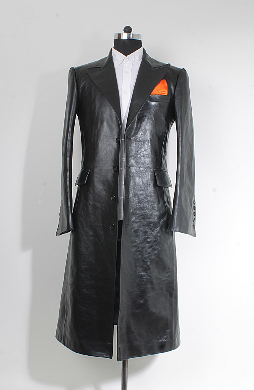 Joker trench coat in black leather inspired from The Dark Knight. A full front view.