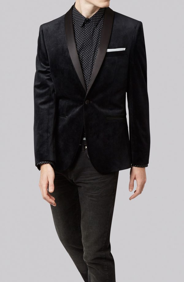 Black velvet shawl collar tuxedo jacket full front view.