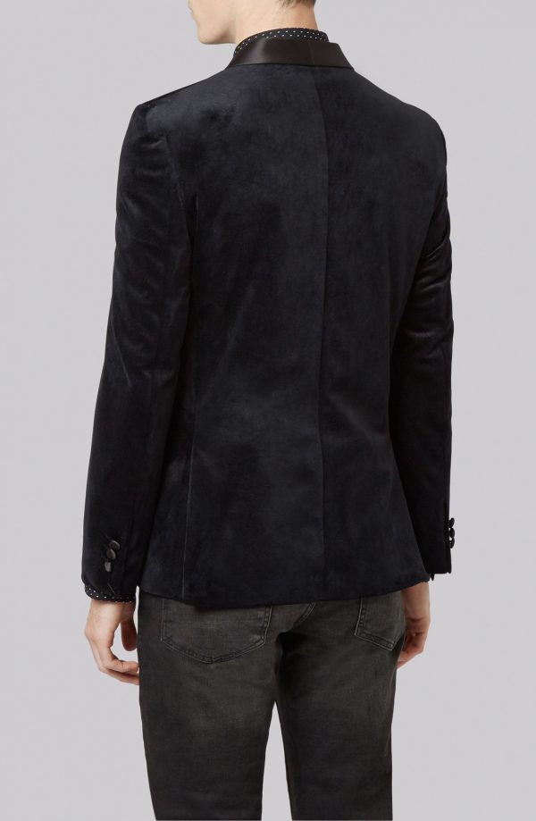 Black velvet shawl collar tuxedo jacket full back view.